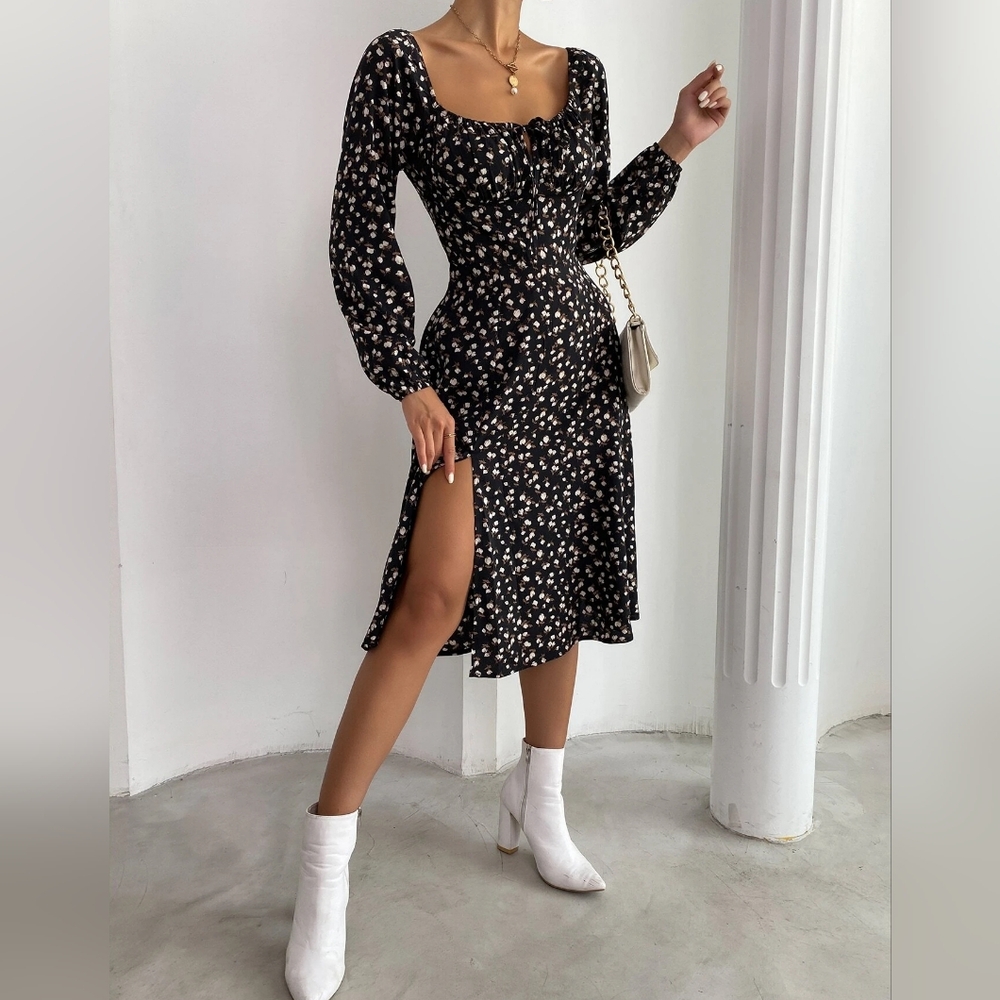 SHEIN Frenchy Ditsy Floral Knot Front Split Hem Dress